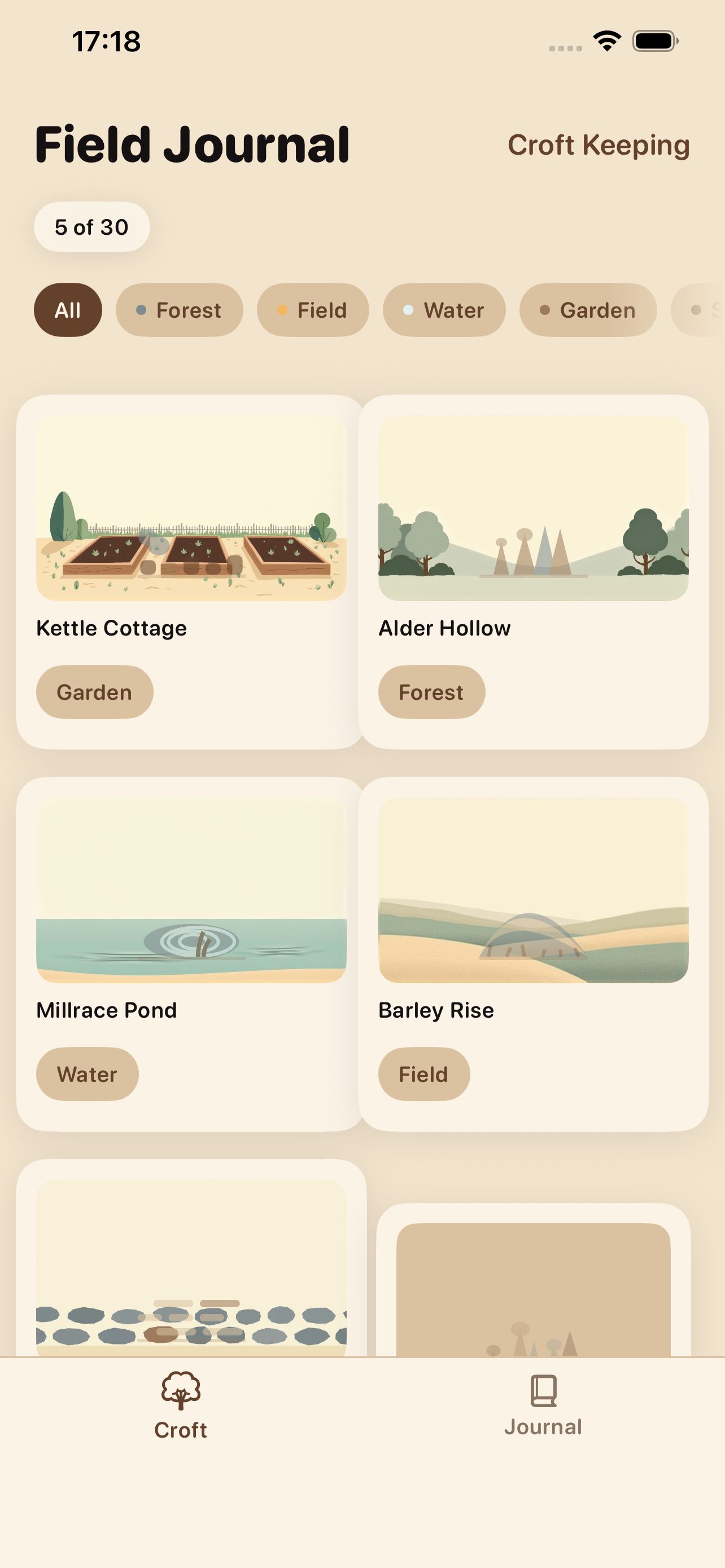 The field journal grid of discovered places